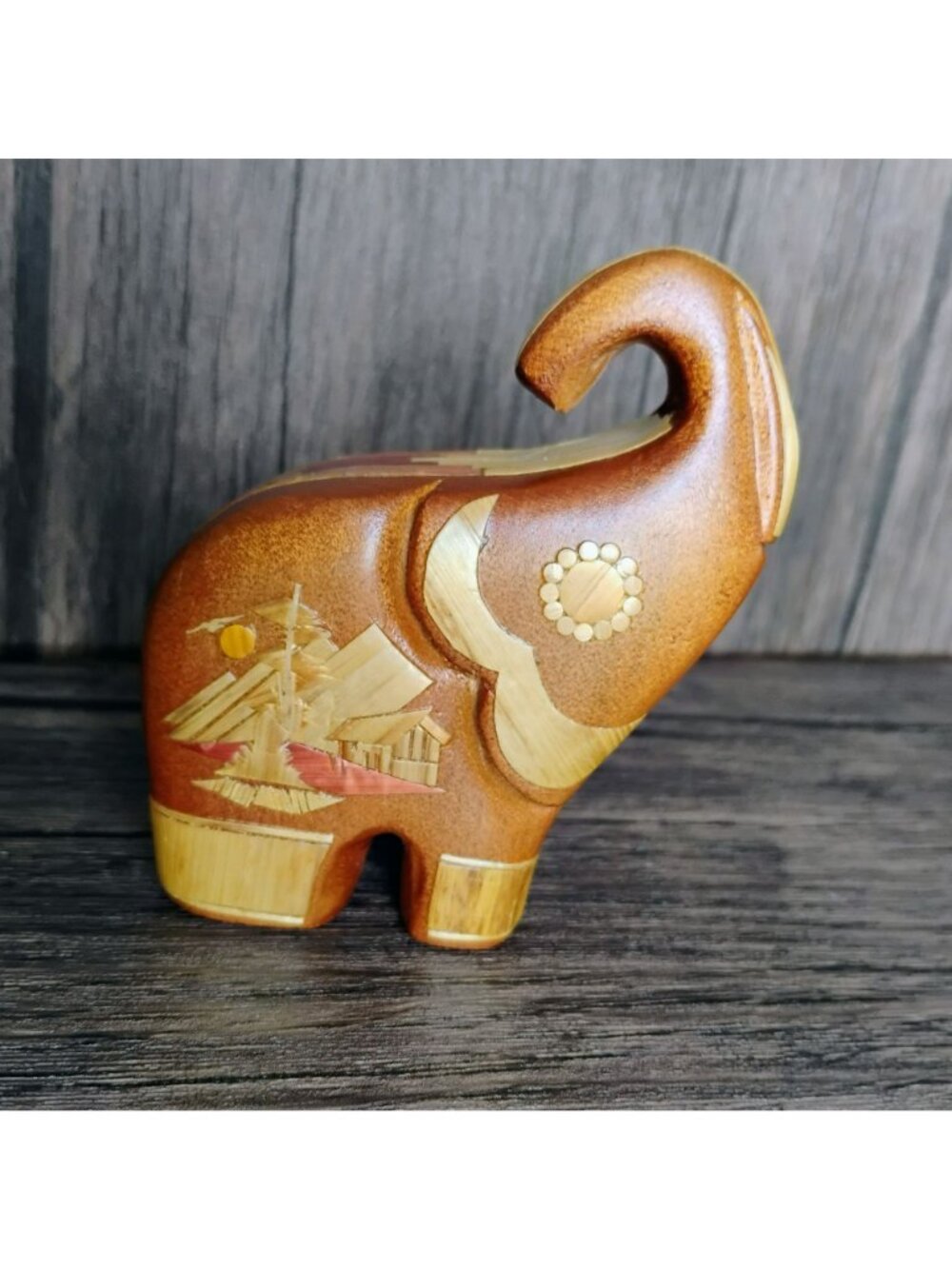 Handcrafted Wooden Elephant Figurine With Ornate Asian Veneer Accents 4", Trunk - Picture 2 of 9